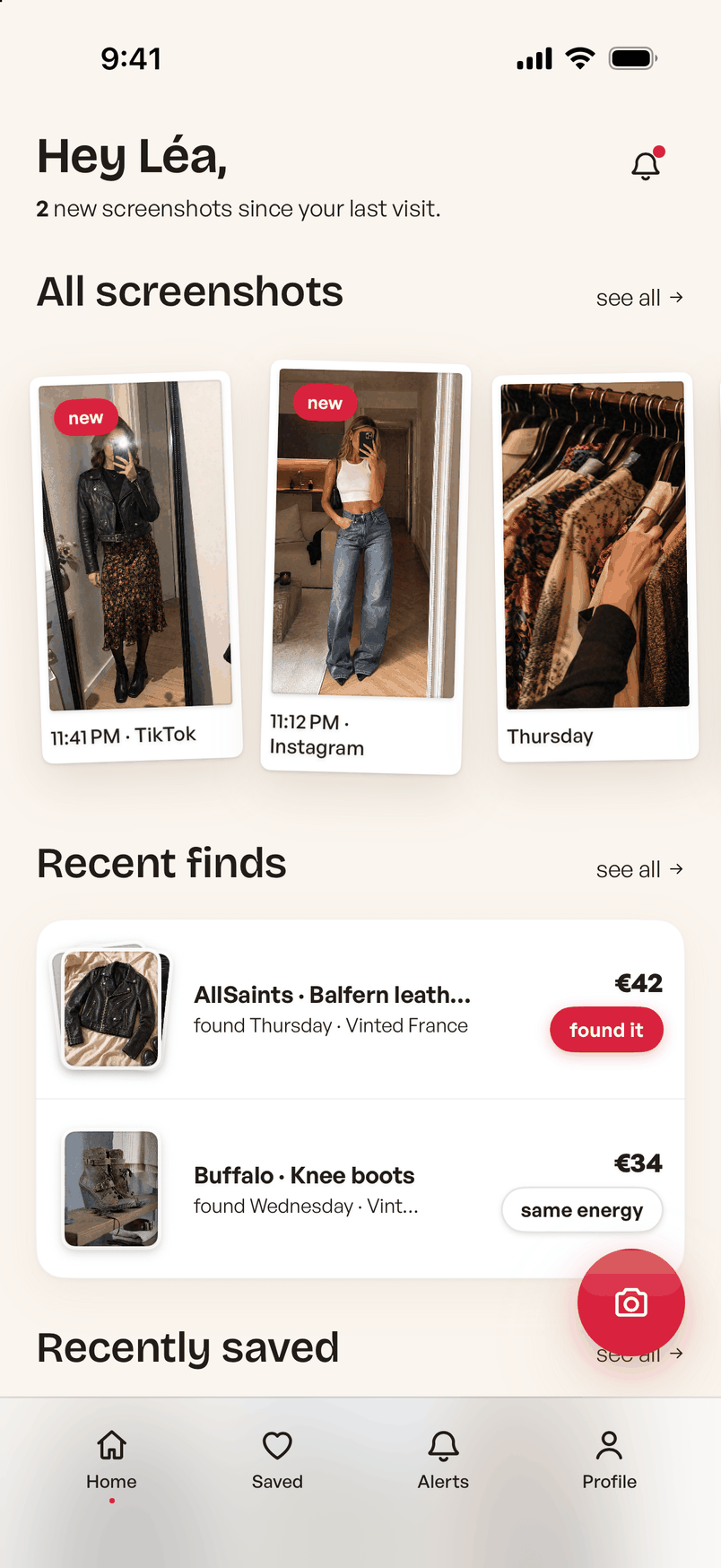 Home tab: the screenshot rail with the newest screenshots ready to search, and recent finds underneath